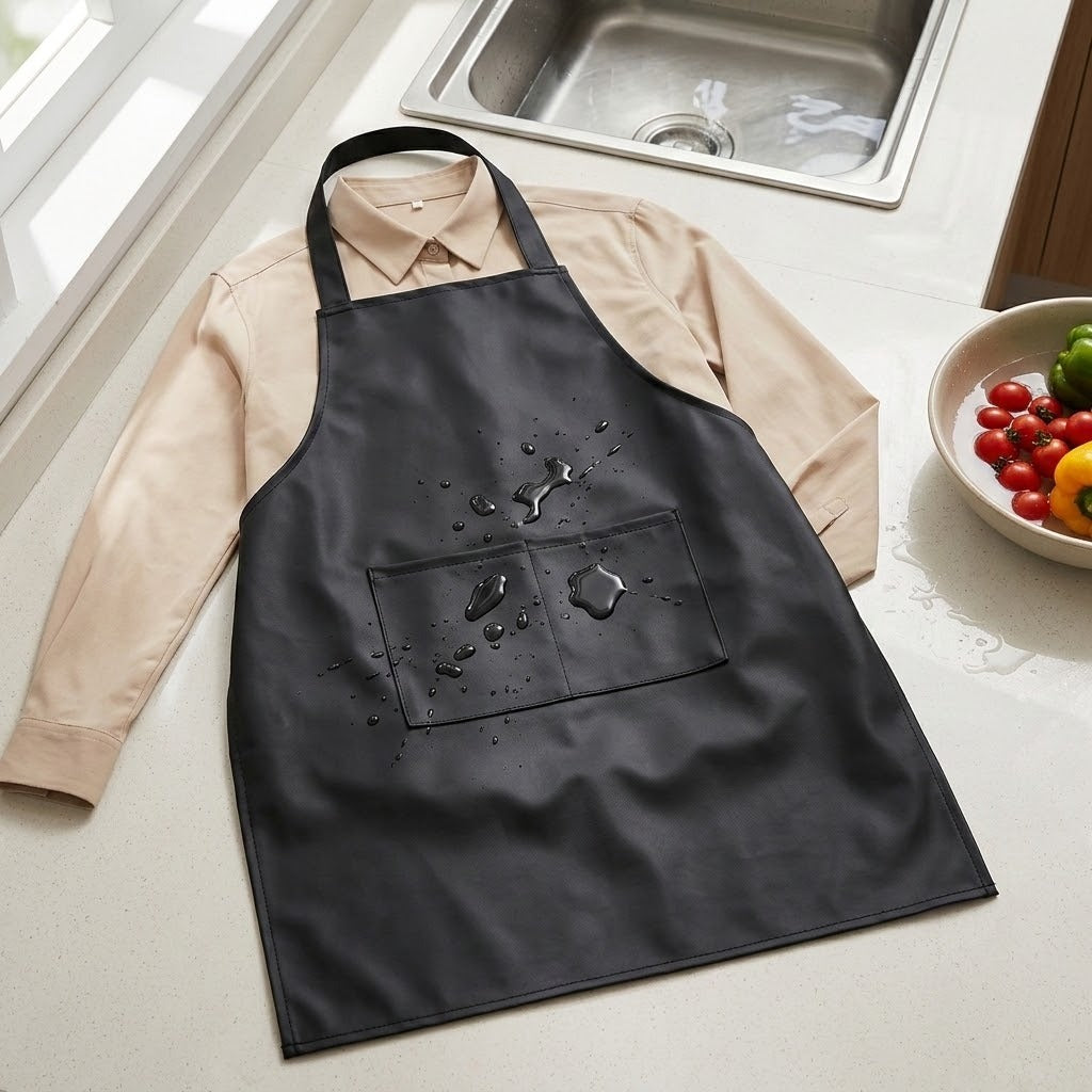 A black waterproof apron laid flat over a beige long-sleeve shirt on a kitchen counter, with water droplets shown on the front pocket to demonstrate water resistance. A sink and a bowl of fruit and tomatoes are visible in the background.