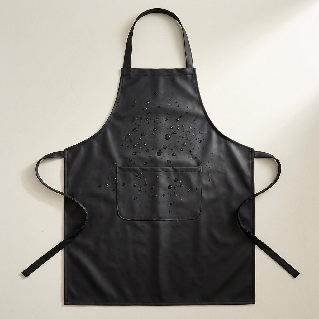 A black waterproof apron with a neck strap, waist ties, and a front pocket, shown flat against a light beige background with water droplets on the surface to demonstrate water resistance.