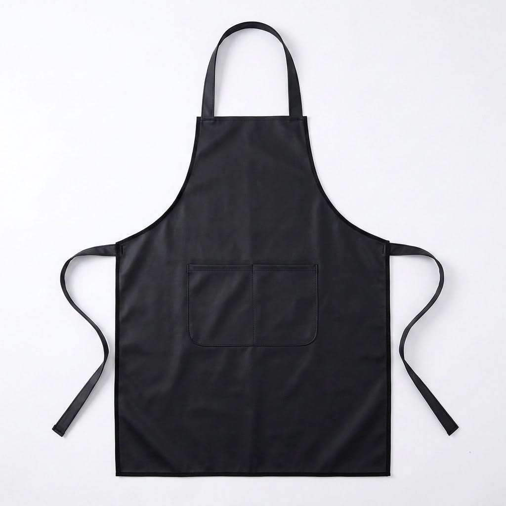 A black bib apron with a neck strap, waist ties, and a front pocket, laid flat against a white background.
