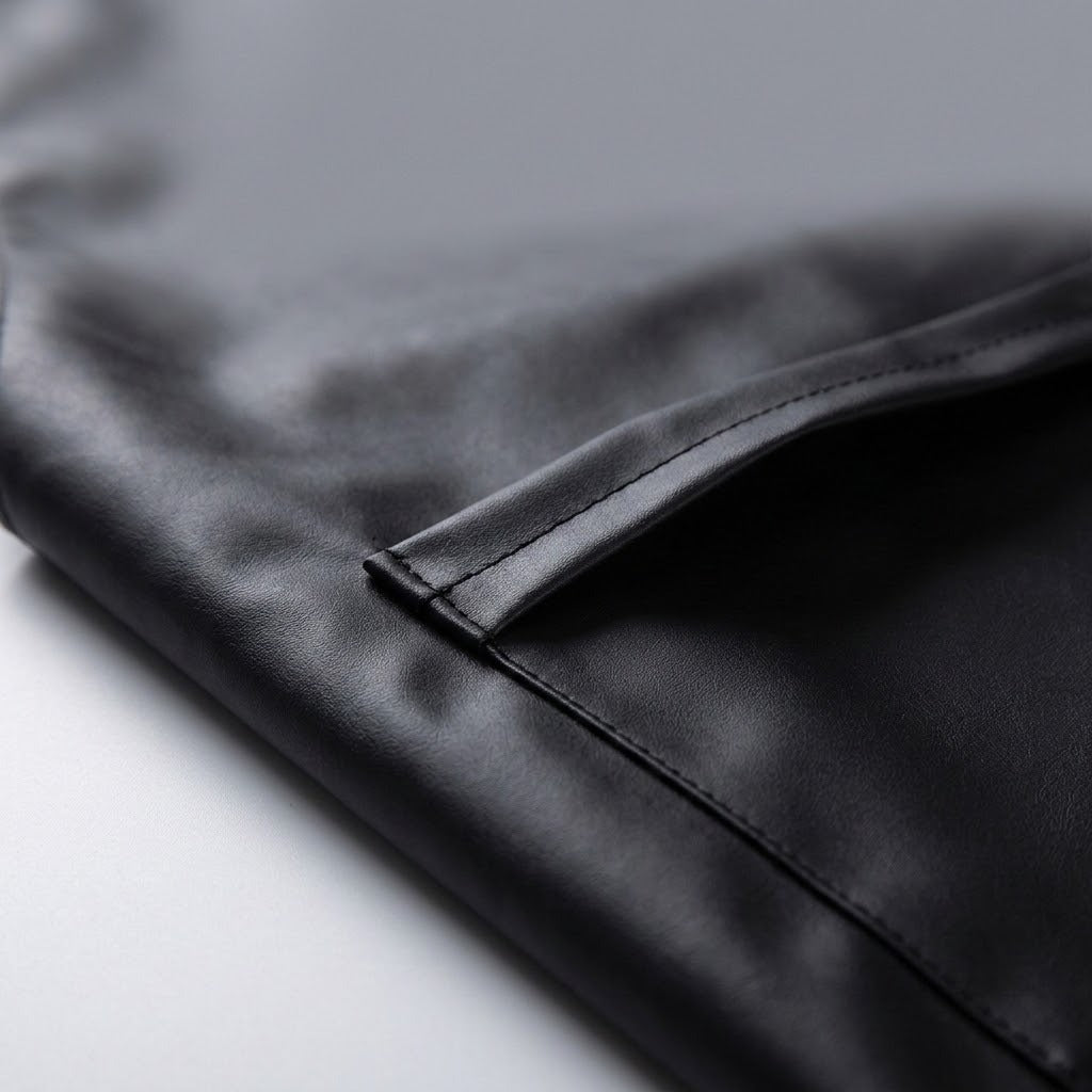 Close-up of a black leather or faux-leather material with a folded corner and visible stitching, photographed on a light gray background.