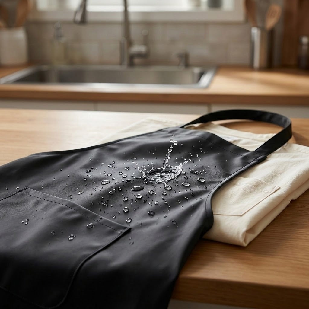 A black waterproof apron with water droplets on its surface, resting on a beige towel on a wooden kitchen counter with a blurred sink in the background.