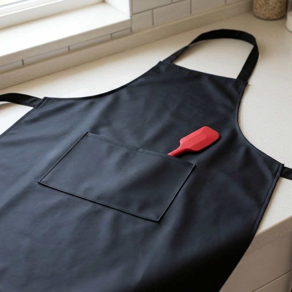 A black apron with a front pocket and neck strap, laid on a kitchen counter with a red spatula tucked into the pocket. A tiled window and countertop are visible in the background.