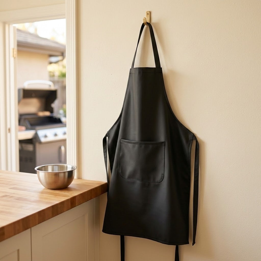 A black apron with a front pocket hangs from a wooden hook on a beige wall in a kitchen setting, with a wooden countertop and a stainless steel bowl nearby.