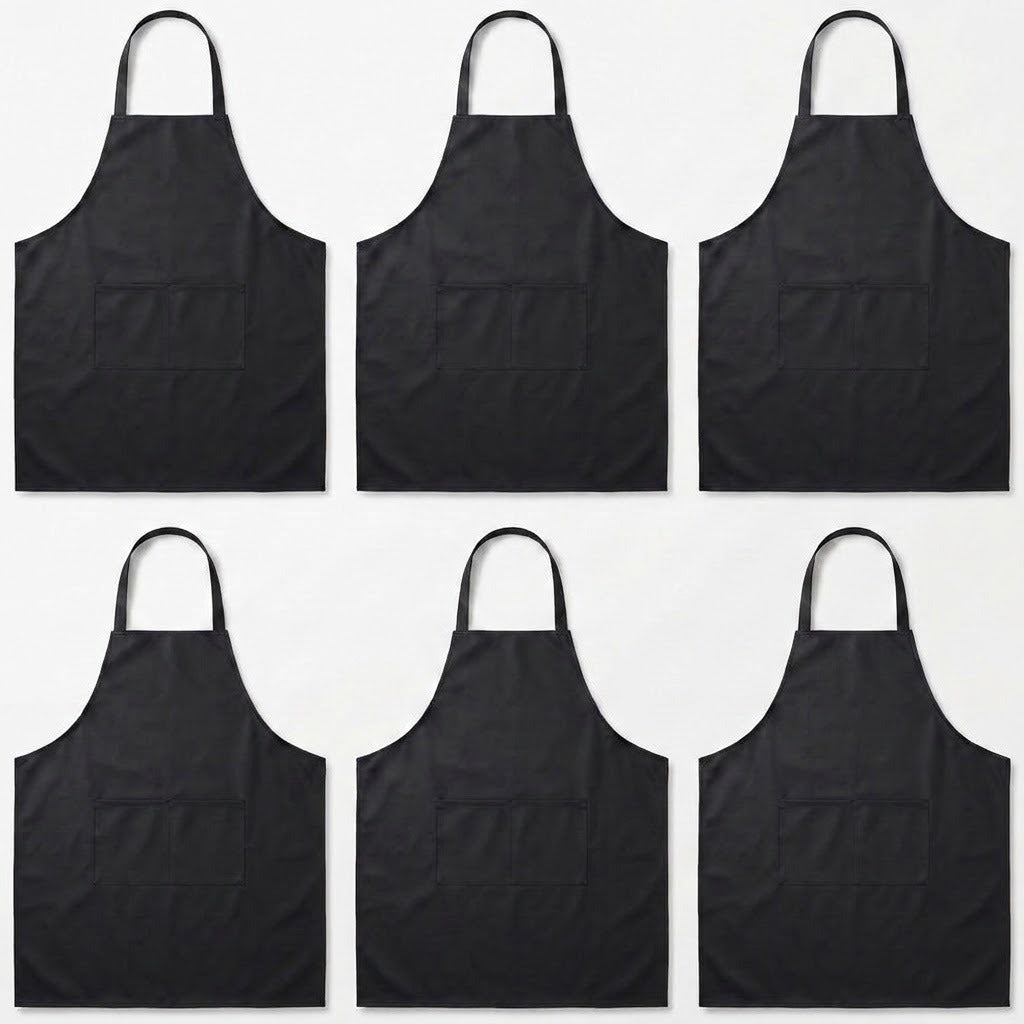 Six black bib aprons with neck loops and front pockets, arranged in a 2x3 grid on a plain white background.