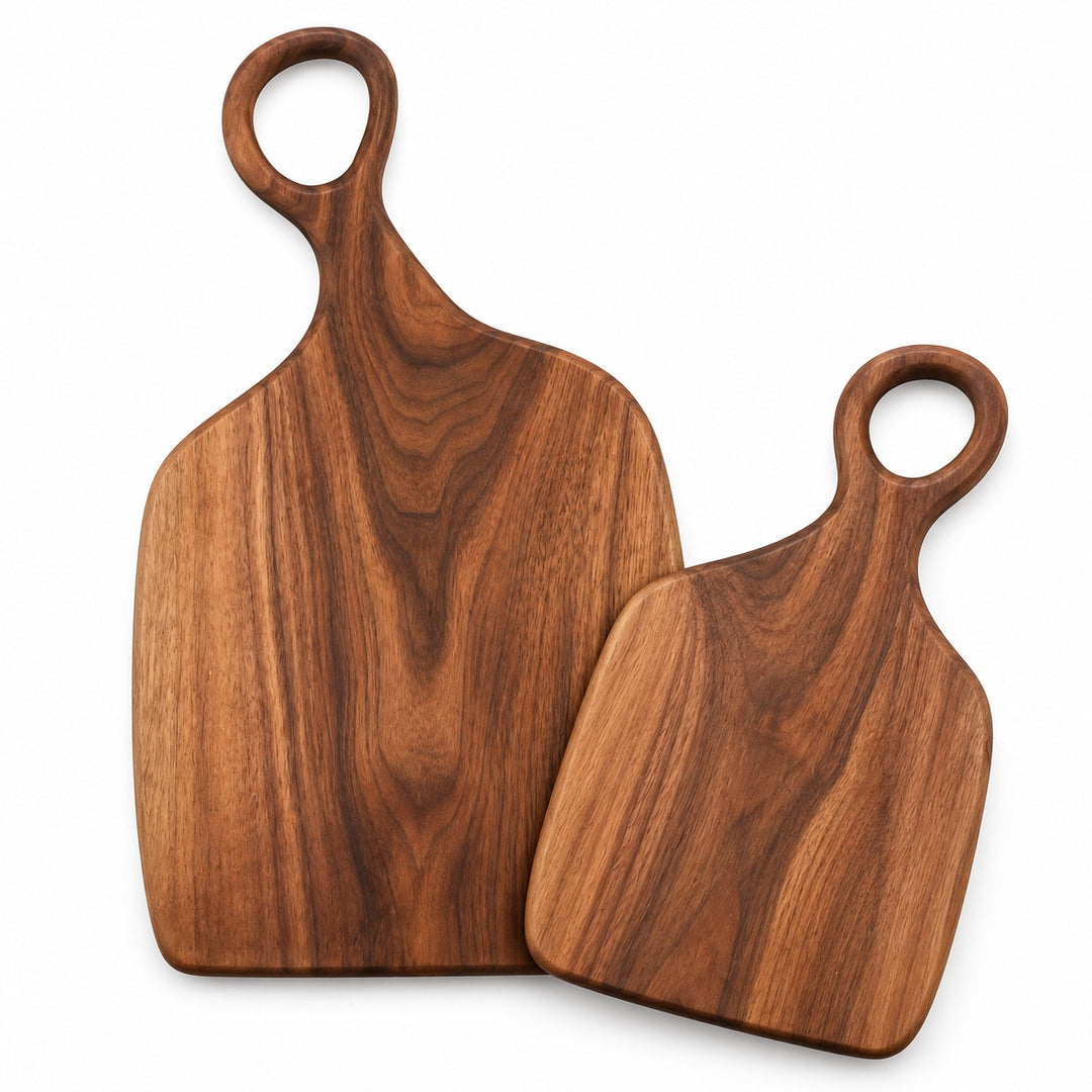 Handmade Acacia Cutting Board set with one small and one large board displayed on white.