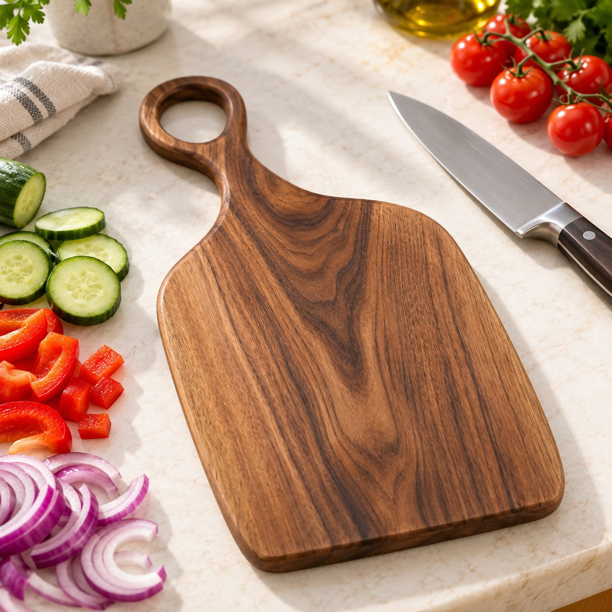 Handmade Acacia Cutting Board on a kitchen counter ready for everyday meal preparation.