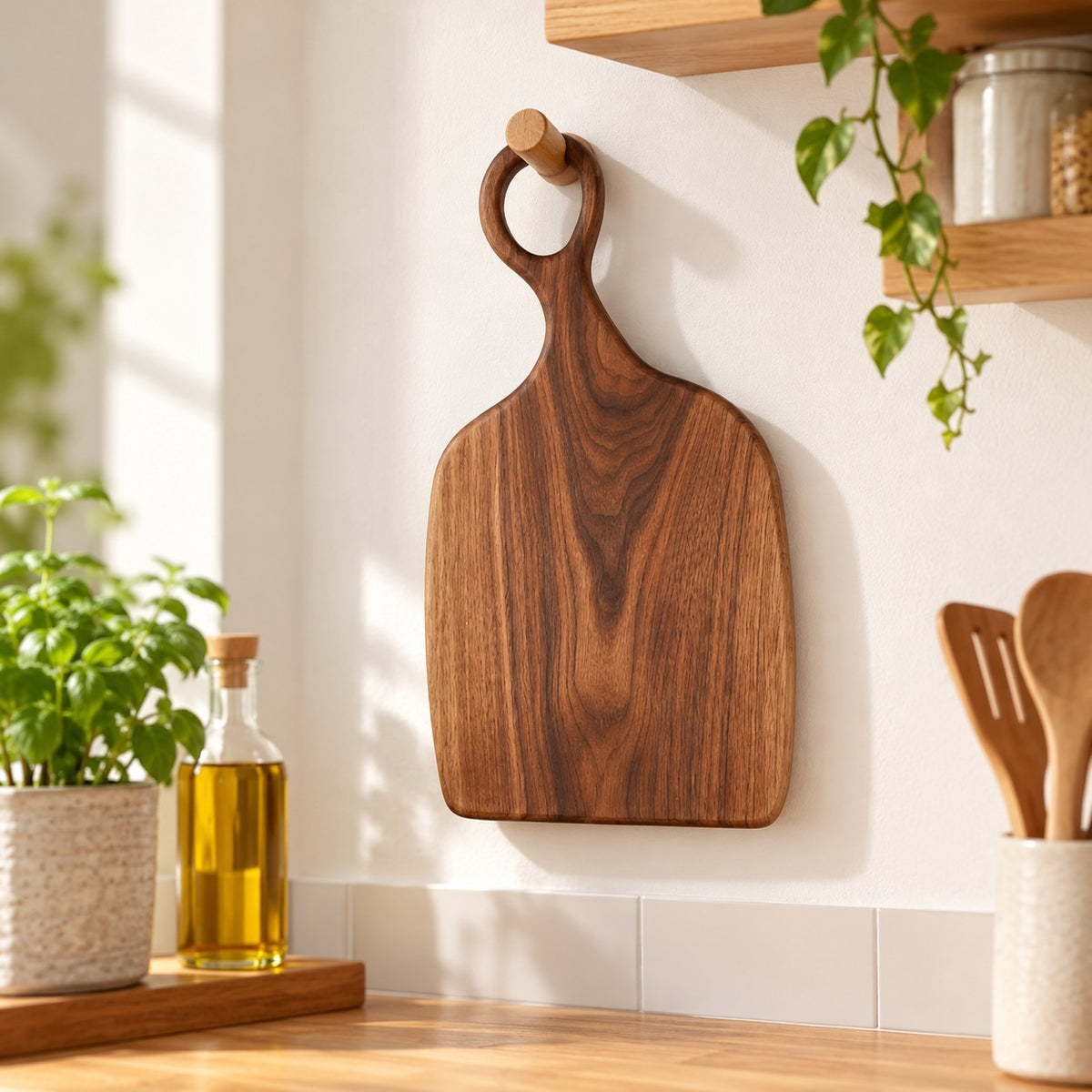 Handmade Acacia Cutting Board hanging from a kitchen peg by its integrated hole between uses.