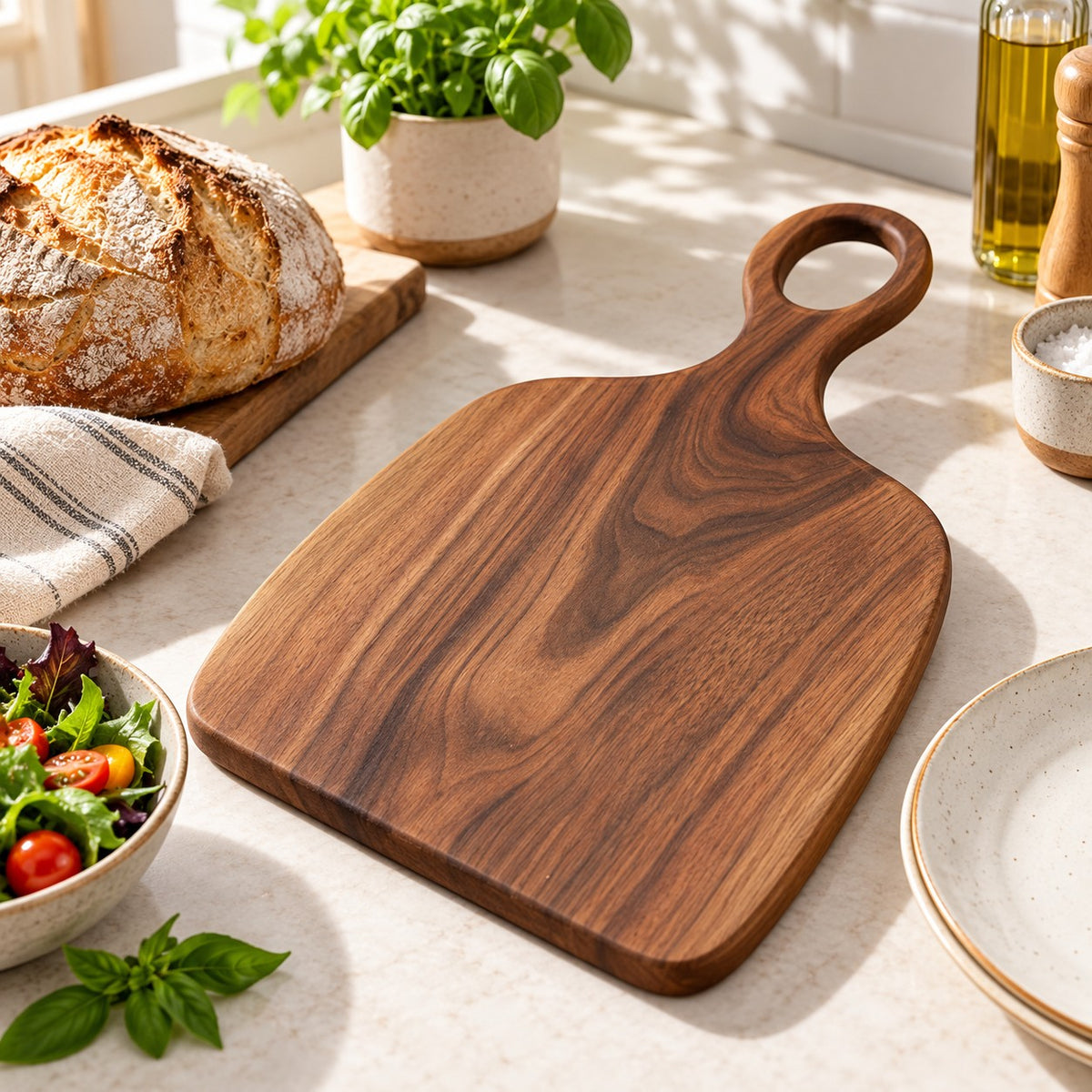 Handmade Acacia Cutting Board beside a dinner plate and bread to show its everyday kitchen scale.
