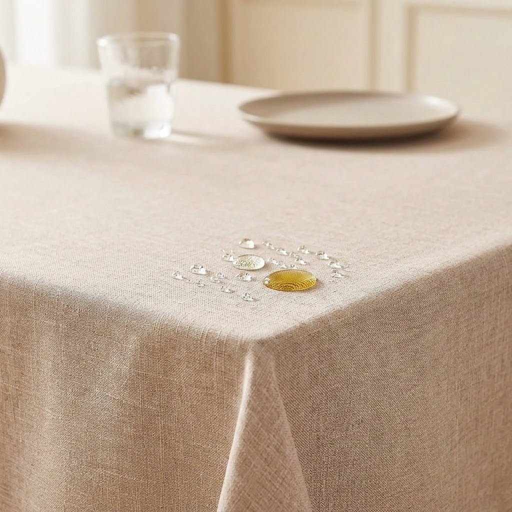 A beige linen tablecloth draped over a table, with a small decorative gold and silver centerpiece and a glass of water in the softly blurred background.