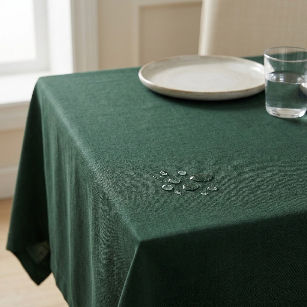 A dark green tablecloth draped over a table in a bright room, with water droplets on the surface to demonstrate water resistance. A white plate and a glass of water sit on the table.