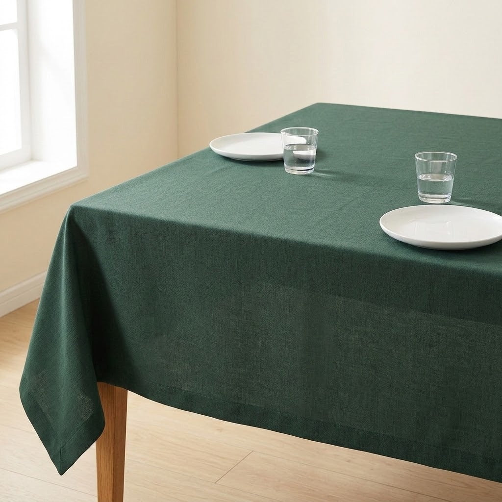 A dark green tablecloth draped over a rectangular wooden table in a bright room, styled with two white plates and two clear drinking glasses.