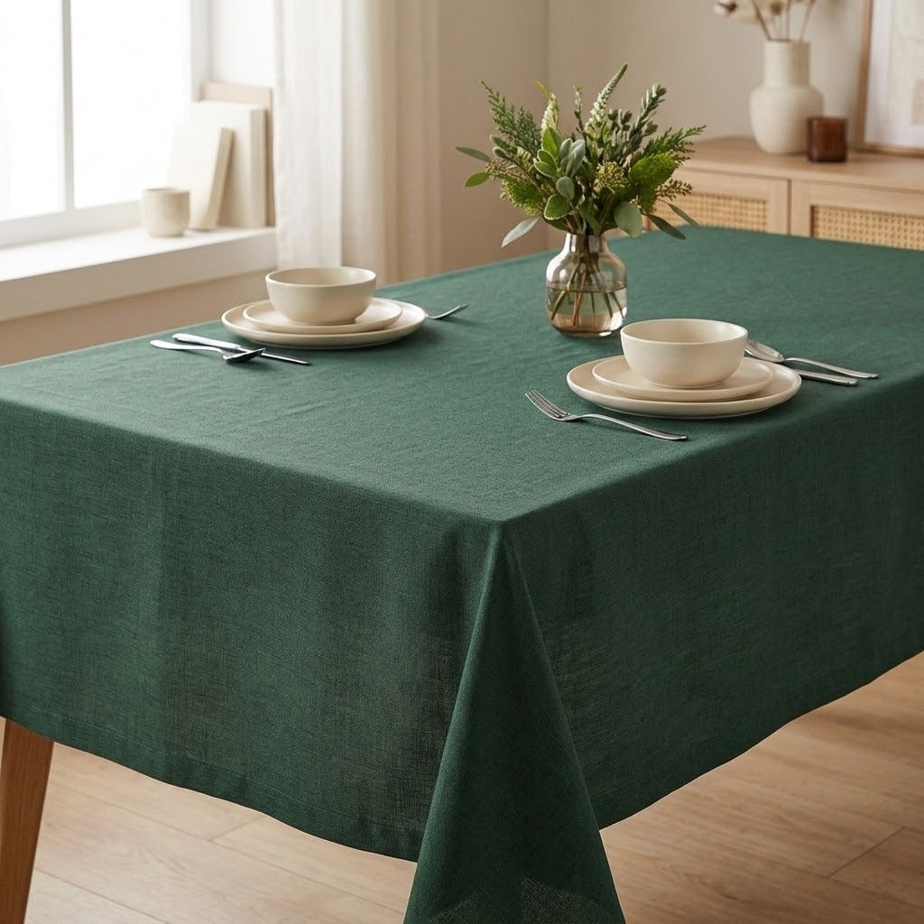 A dark green tablecloth draped over a rectangular dining table in a bright, neutral-toned room. The table is styled with two place settings of white bowls and plates, silver cutlery, and a central glass vase filled with green foliage.