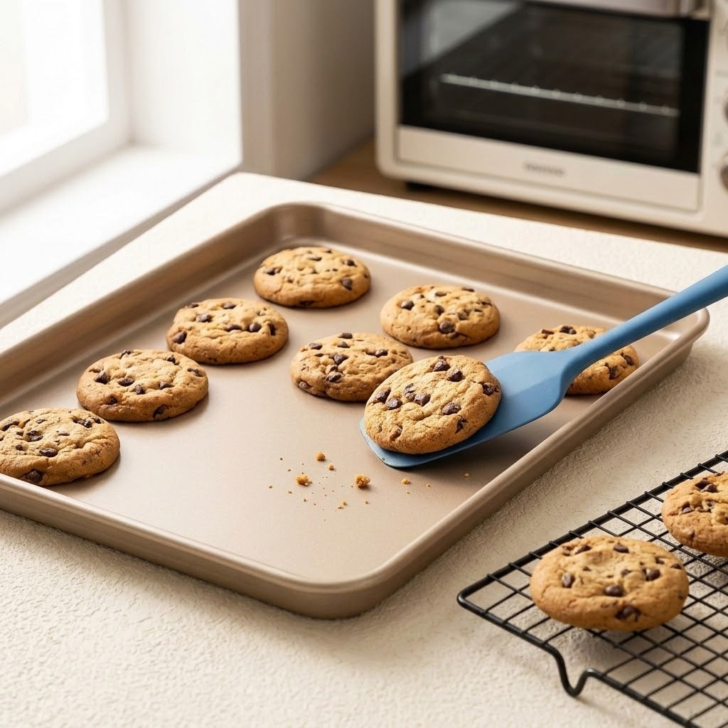 A beige silicone spatula with a blue handle is lifting a chocolate chip cookie from a beige baking sheet, with other cookies on a cooling rack in a bright kitchen setting.