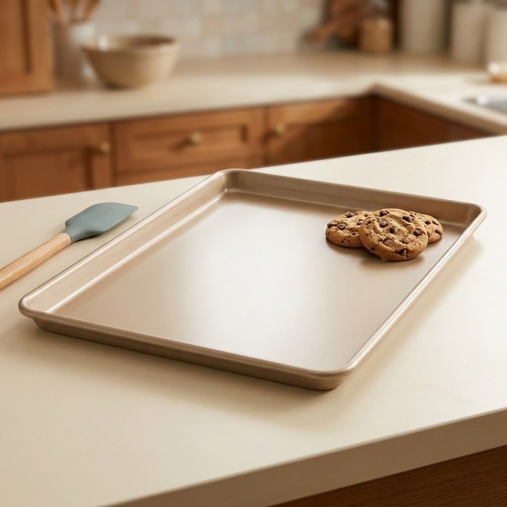A rectangular metal baking sheet with raised edges sits on a light countertop in a kitchen setting. Two chocolate chip cookies rest on one corner of the tray, and a blue silicone spatula with a wooden handle lies nearby.