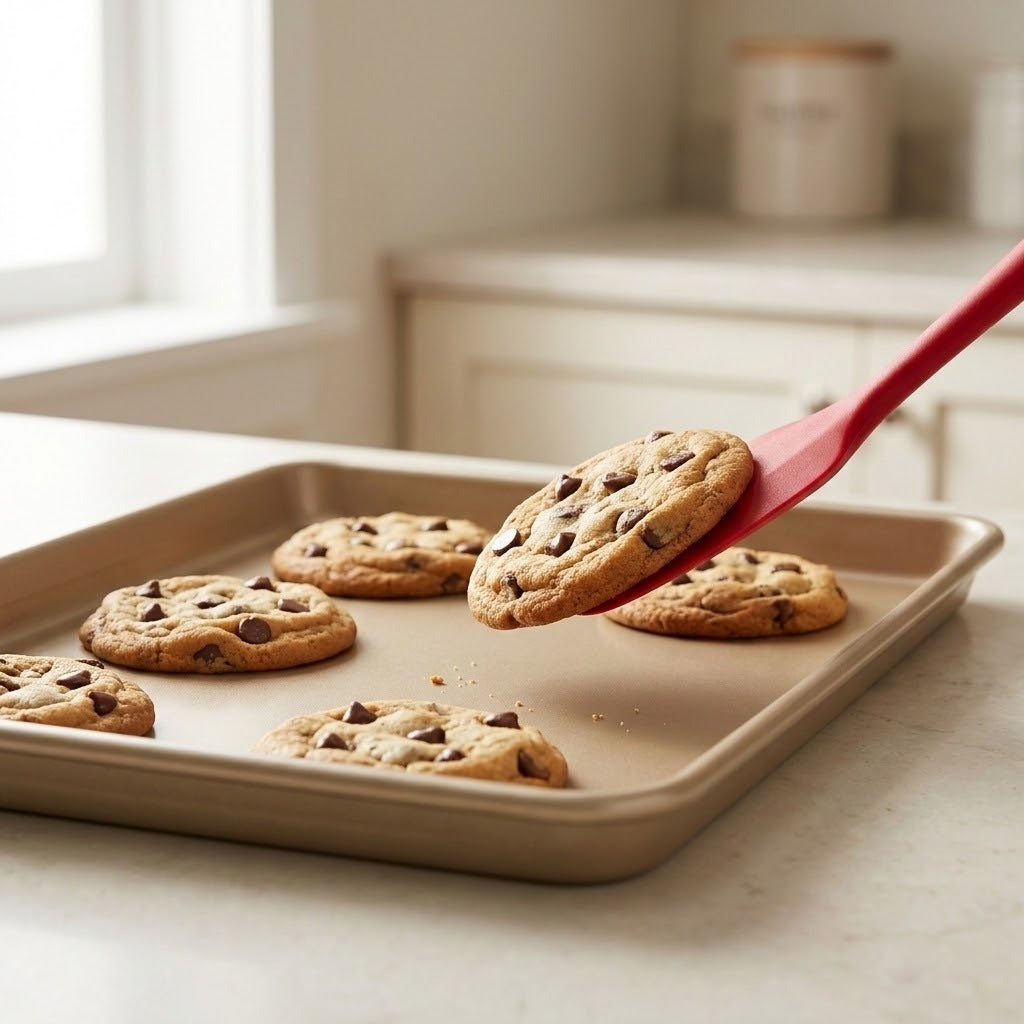 A red silicone spatula lifting a chocolate chip cookie from a beige baking sheet with other cookies on a light countertop in a softly blurred kitchen setting.