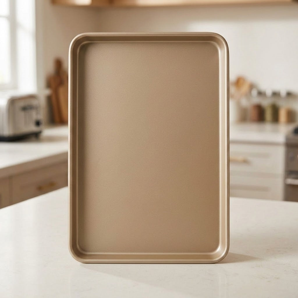A rectangular non-stick baking sheet with rounded corners in a matte champagne gold finish, standing upright on a light marble kitchen countertop with a blurred kitchen background.
