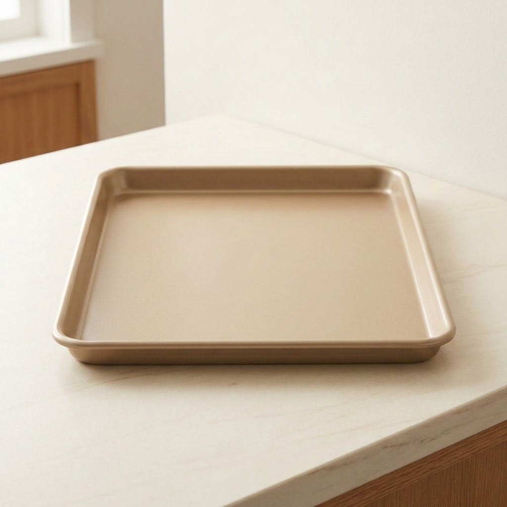 A square beige baking pan with raised edges sits on a light cream countertop in a bright kitchen setting.