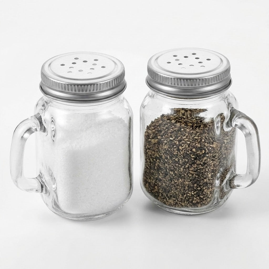 Two clear glass mason jar shakers with handles and silver metal screw-on lids, shown on a light gray background. One jar contains white salt and the other contains dark peppercorns.