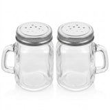 Two clear glass mason jar mugs with metal salt and pepper shaker lids, shown side by side on a white background.