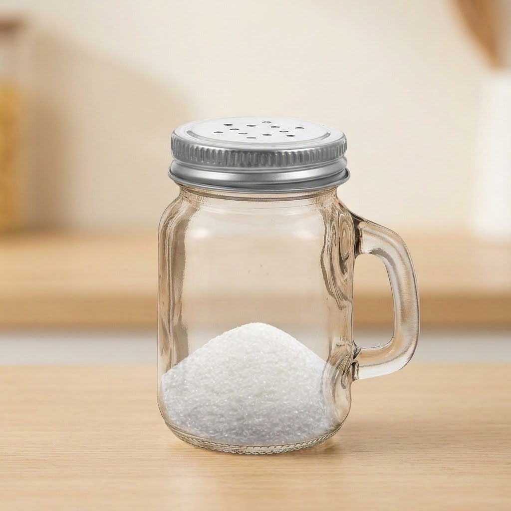 A clear glass mason jar with a handle and a silver metal shaker lid, filled with white sugar, set on a light wooden surface with a blurred kitchen background.