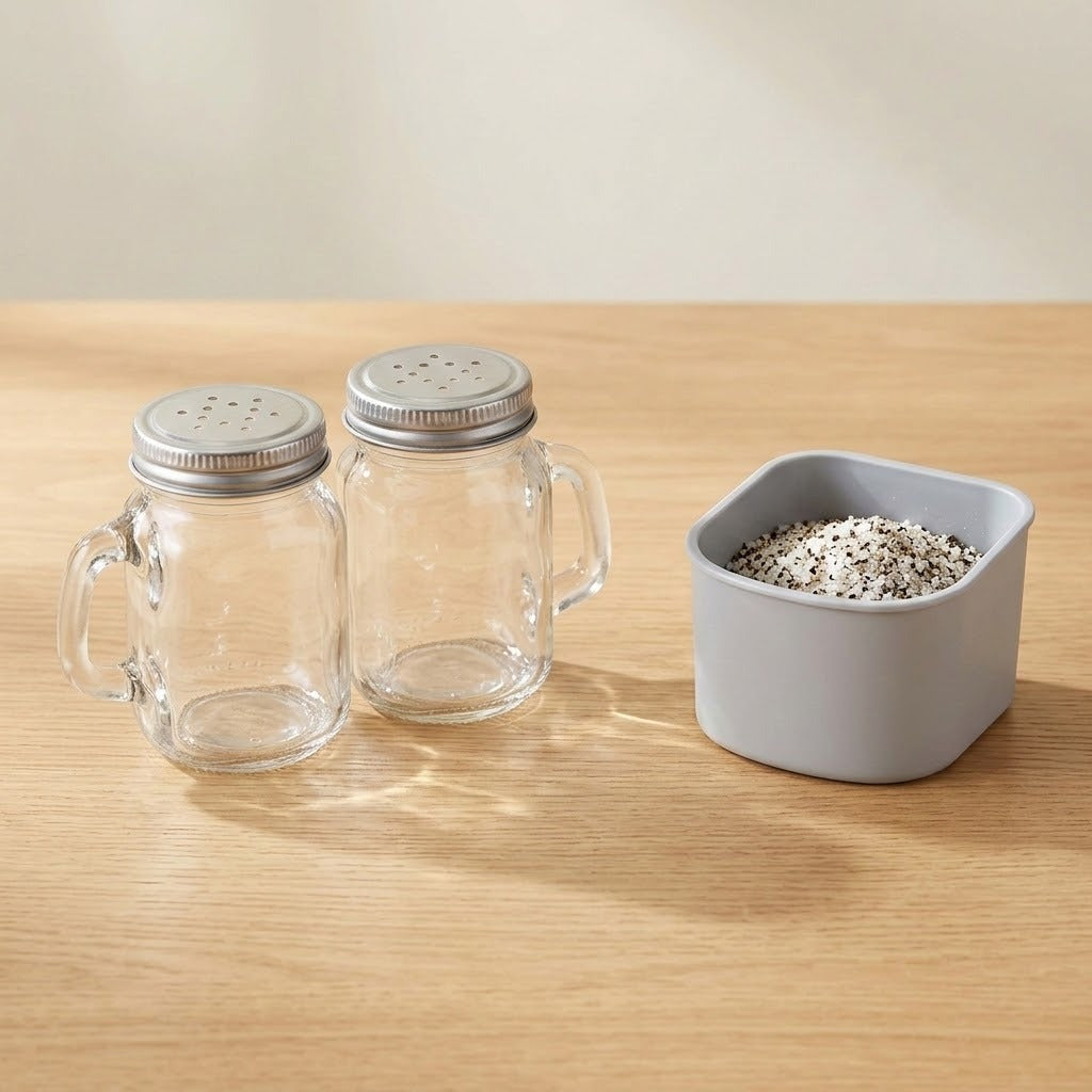 Two clear glass mason jar shakers with silver metal lids sit on a light wood table next to a square gray container filled with black pepper.