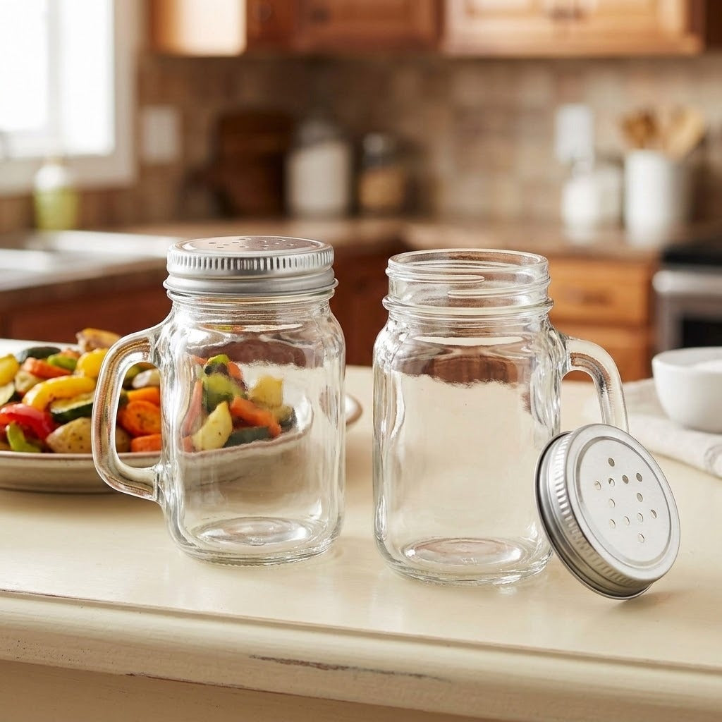 Two clear glass mason jar mugs with metal lids are shown on a kitchen counter, with one filled with salad and the other empty with its lid beside it.