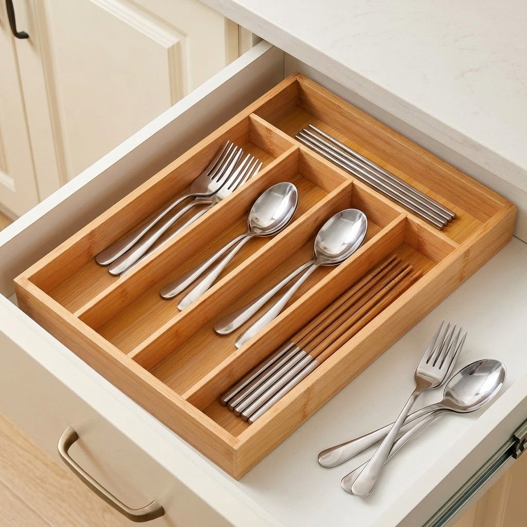 A bamboo drawer organizer tray arranged inside an open kitchen drawer, holding silver metal cutlery and chopsticks, with a few utensils placed outside on the drawer surface.
