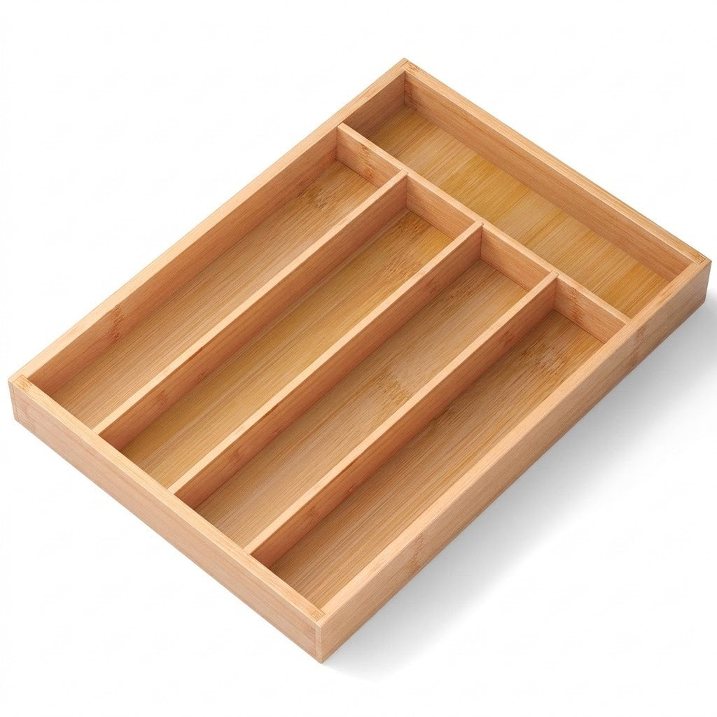 A rectangular bamboo organizer tray with five compartments, shown at an angle on a white background.