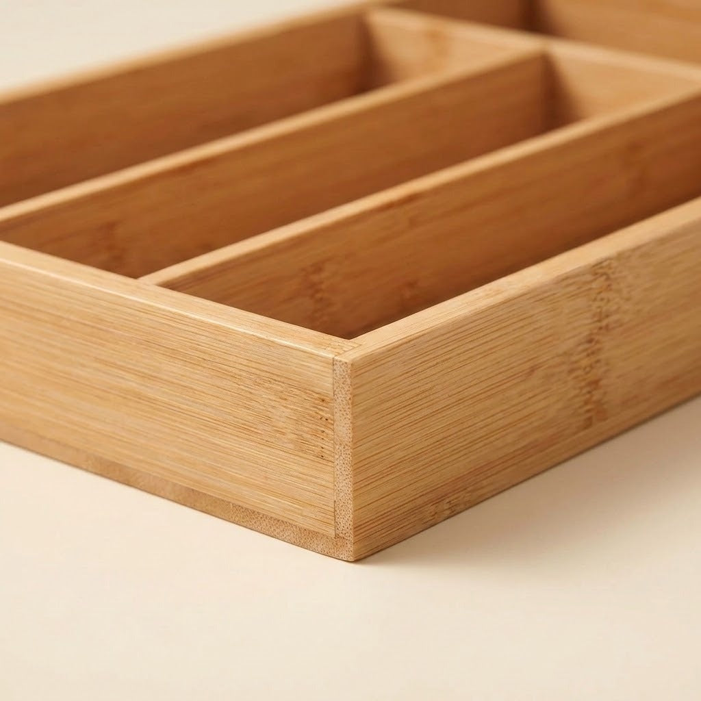 A close-up of a light natural bamboo organizer tray with multiple rectangular compartments, shown on a plain light beige background.