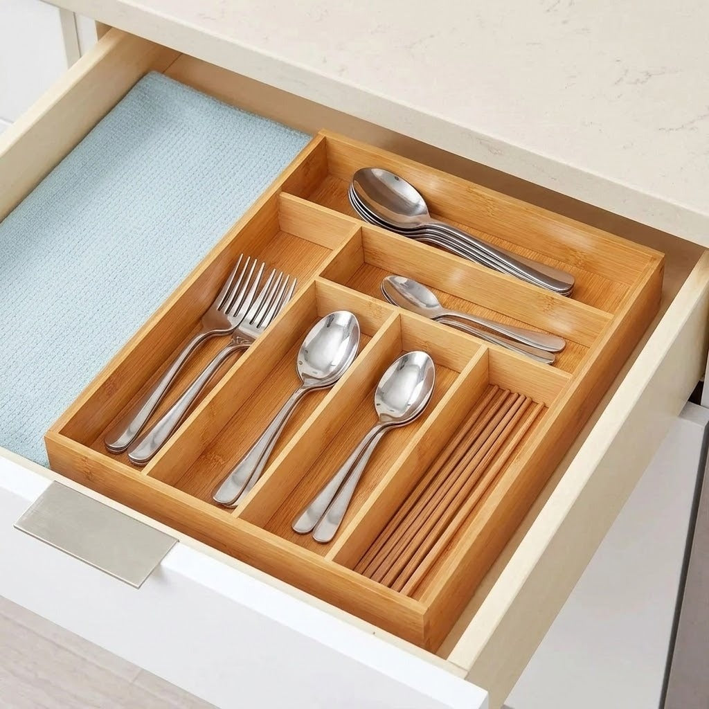 A bamboo drawer organizer tray holding a set of stainless steel cutlery and chopsticks inside an open drawer.