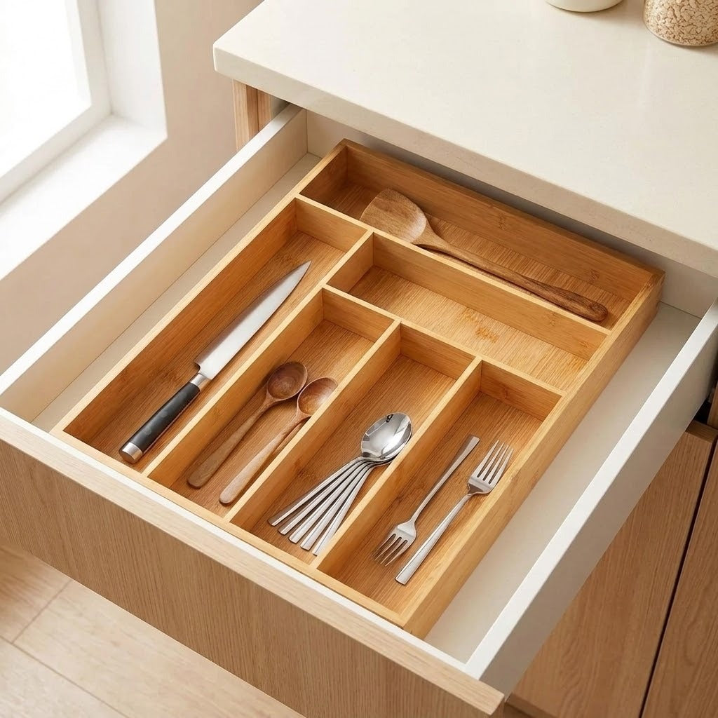 A bamboo drawer organizer tray with multiple compartments, shown inside an open kitchen drawer containing utensils like a knife, spoons, forks, and a wooden spoon.