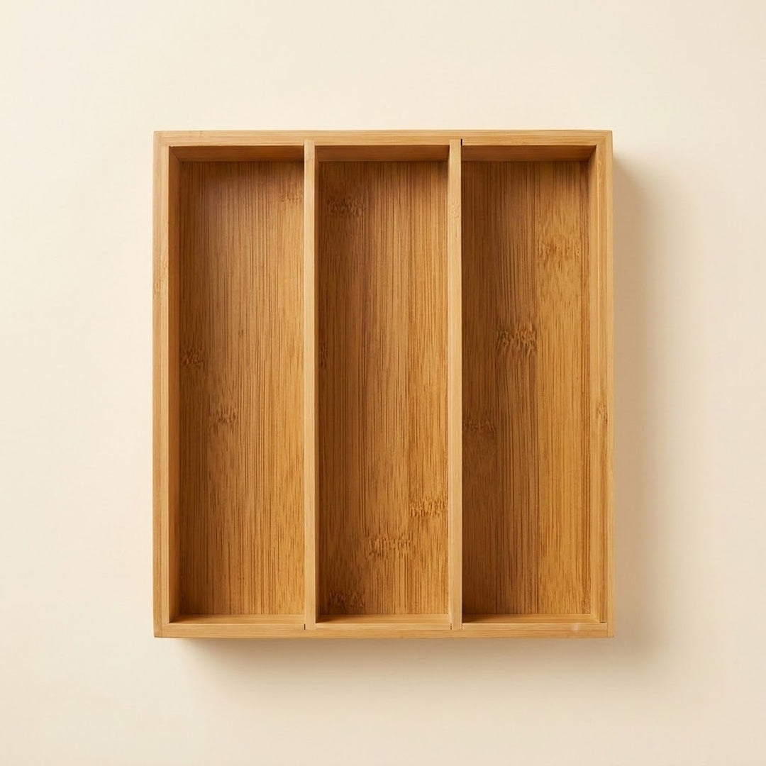 A three-compartment bamboo wall-mounted organizer box with a natural wood grain finish, shown against a plain off-white wall.