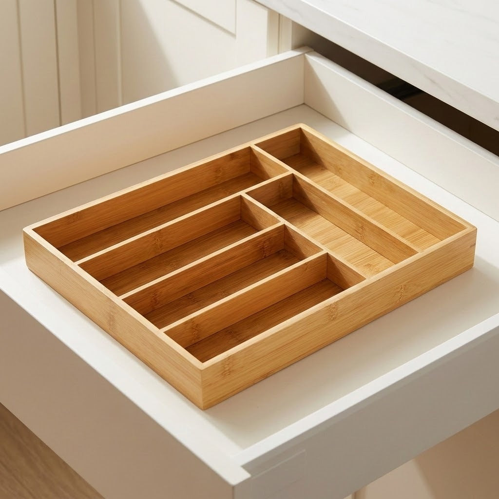 A rectangular bamboo drawer organizer with multiple compartments, shown inside an open white drawer.