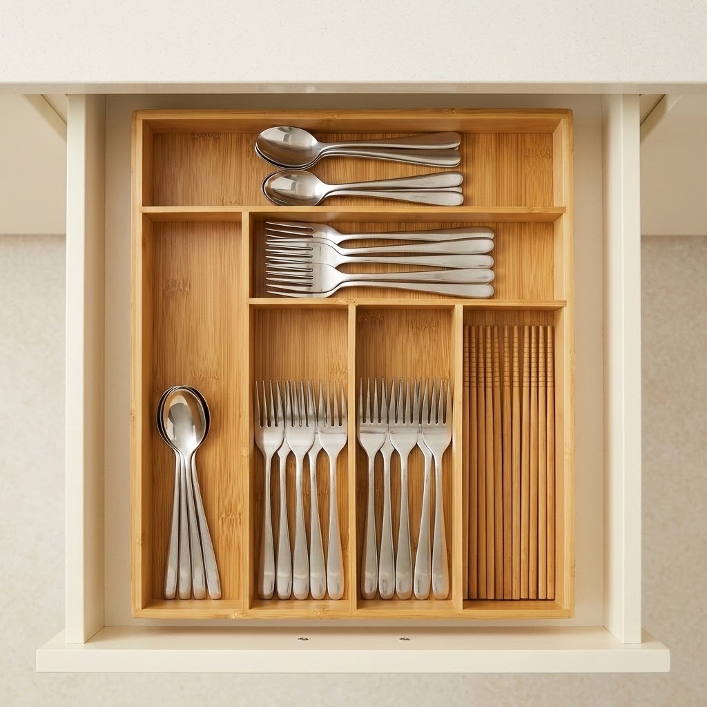 A bamboo drawer organizer tray holding a set of stainless steel cutlery, including forks, spoons, and chopsticks, shown inside an open kitchen drawer.