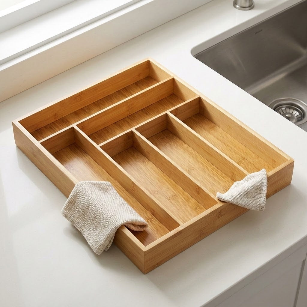 A rectangular bamboo kitchen organizer tray with multiple compartments, resting on a white countertop near a sink. Two small beige cloth napkins are tucked under the tray.
