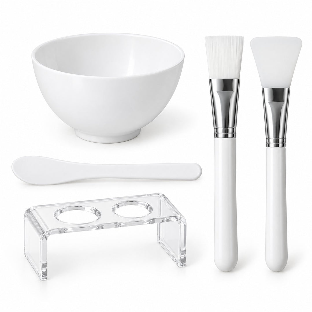 Two-applicator face mask mixing bowl set with bowl, spatula, two applicators and clear holder.