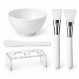 Two-applicator face mask mixing bowl set with bowl, spatula, two applicators and clear holder.
