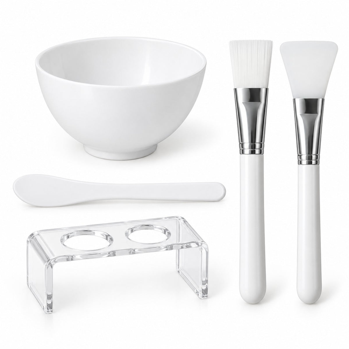 Two-applicator face mask mixing bowl set with bowl, spatula, two applicators and clear holder.