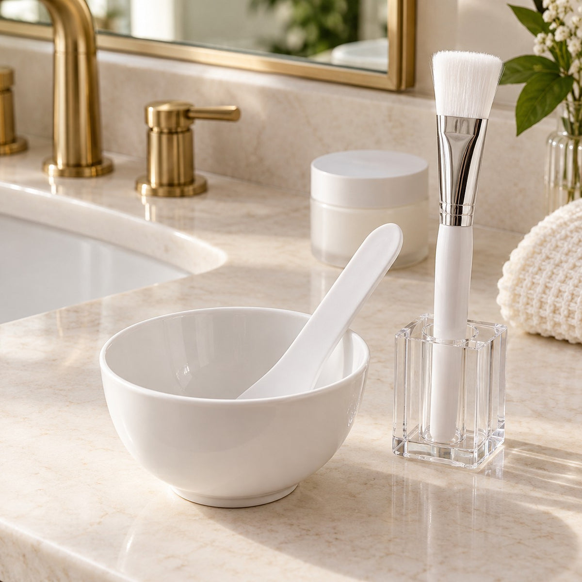 Face mask mixing bowl set arranged at a bathroom vanity for a tidy at-home mask routine.