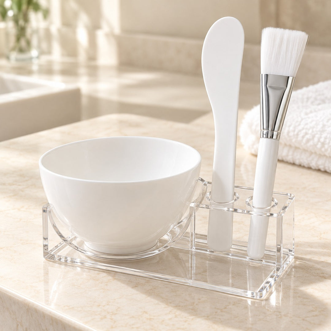 White face mask mixing bowl set displayed neatly on a cream counter with its dedicated tools.
