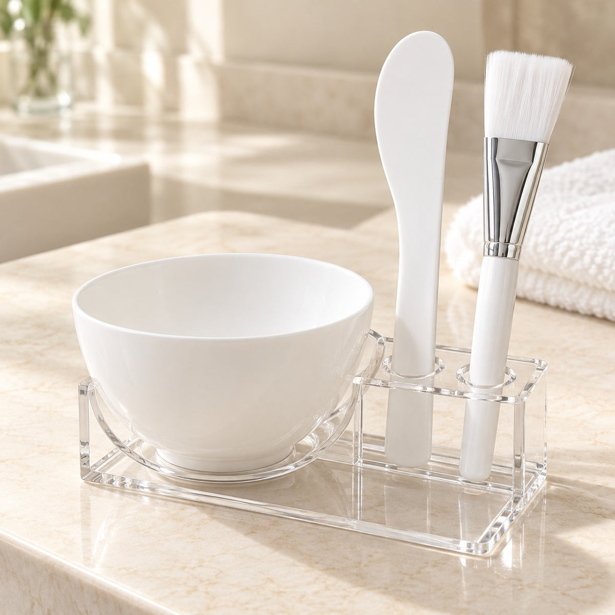 White face mask mixing bowl set displayed neatly on a cream counter with its dedicated tools.