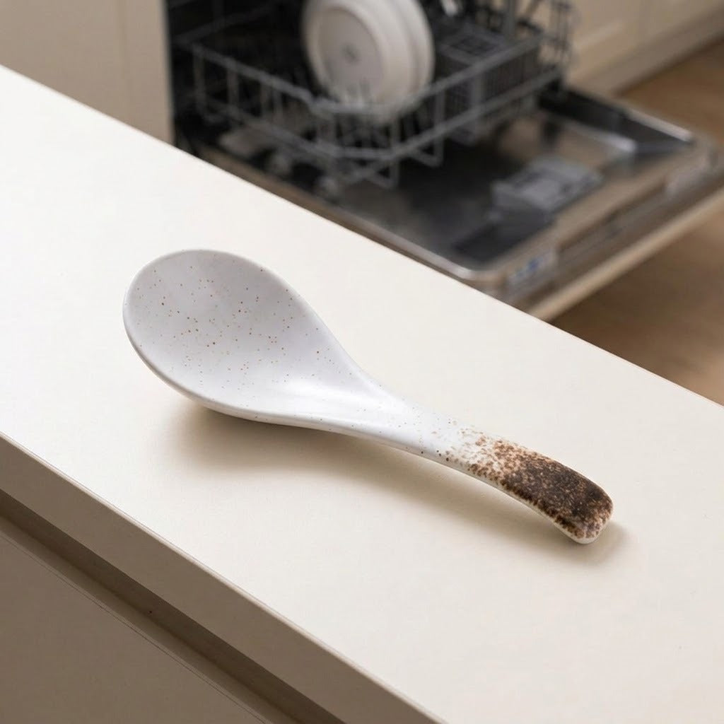 A speckled white ceramic spoon with a dark brown speckled handle resting on a white kitchen countertop, with a blurred dishwasher in the background.