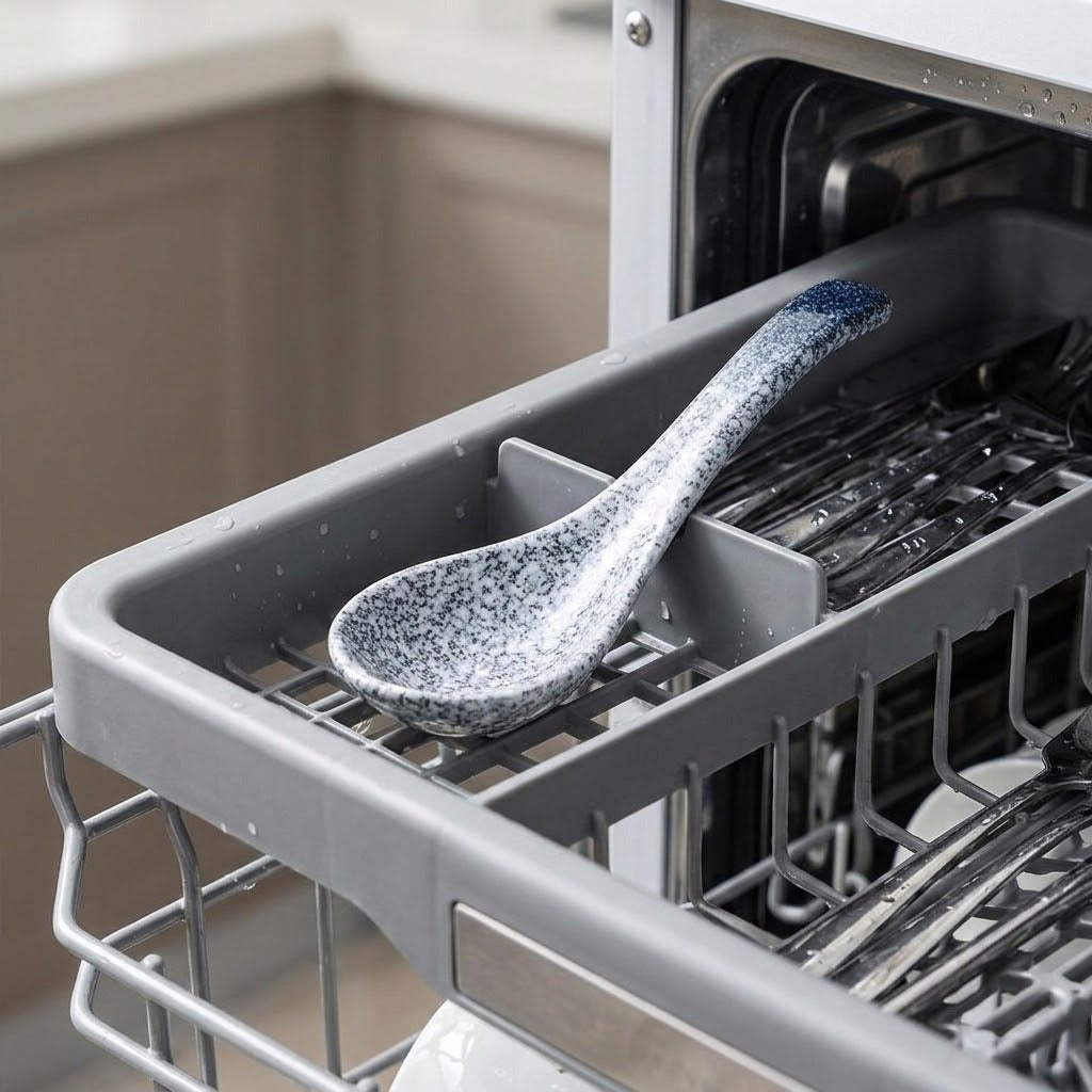 A close-up of a dishwasher's interior with the lower rack pulled out, showing a speckled gray and white ceramic spoon resting in the rack.