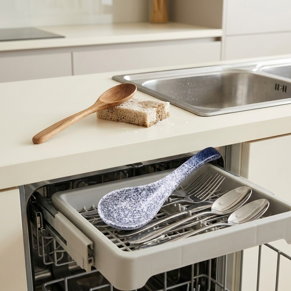 A dishwasher drawer is open in a bright kitchen, holding a speckled blue and white serving spoon and several stainless steel utensils. A wooden spoon and a sponge sit on the countertop beside a sink.