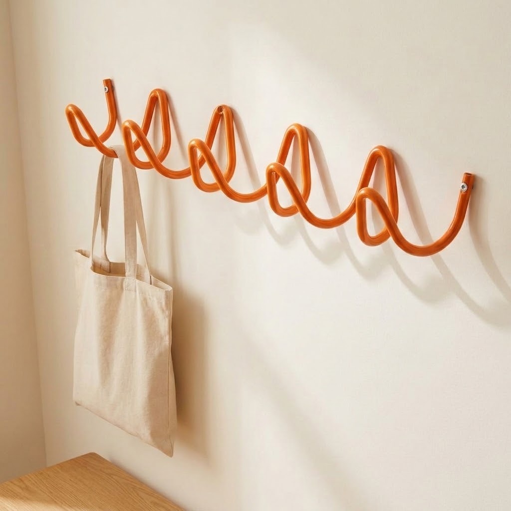 An orange spiral-shaped wall hook rack mounted on a cream-colored wall, with a beige canvas tote bag hanging from one of the hooks. A wooden table edge is visible in the bottom left corner.