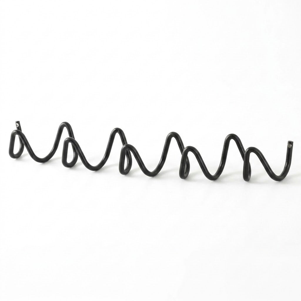 A black metal spiral wire rack or shelf hook shown against a plain white background.