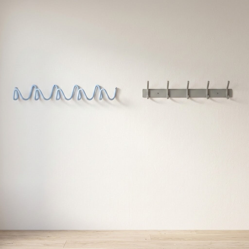 Two wall-mounted coat racks on a plain off-white wall above a light wood floor. The left rack is a wavy, openwork metal hook rack in light blue.