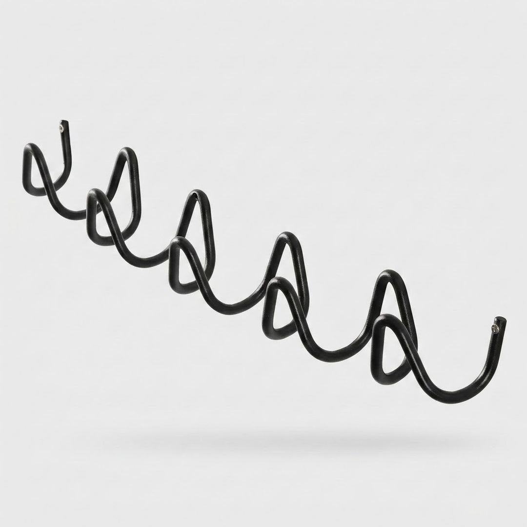 A black metal spiral wire wall hook or rack shown against a light gray background.