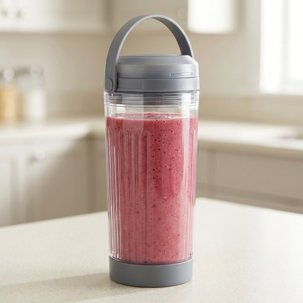 A clear ribbed smoothie bottle with a gray lid and handle, filled with a pink smoothie, sitting on a kitchen counter with a blurred kitchen background.