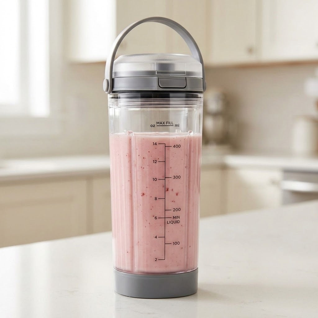 A clear plastic shaker bottle with a gray lid and handle, filled with a pink smoothie, standing on a light countertop with a blurred kitchen background.